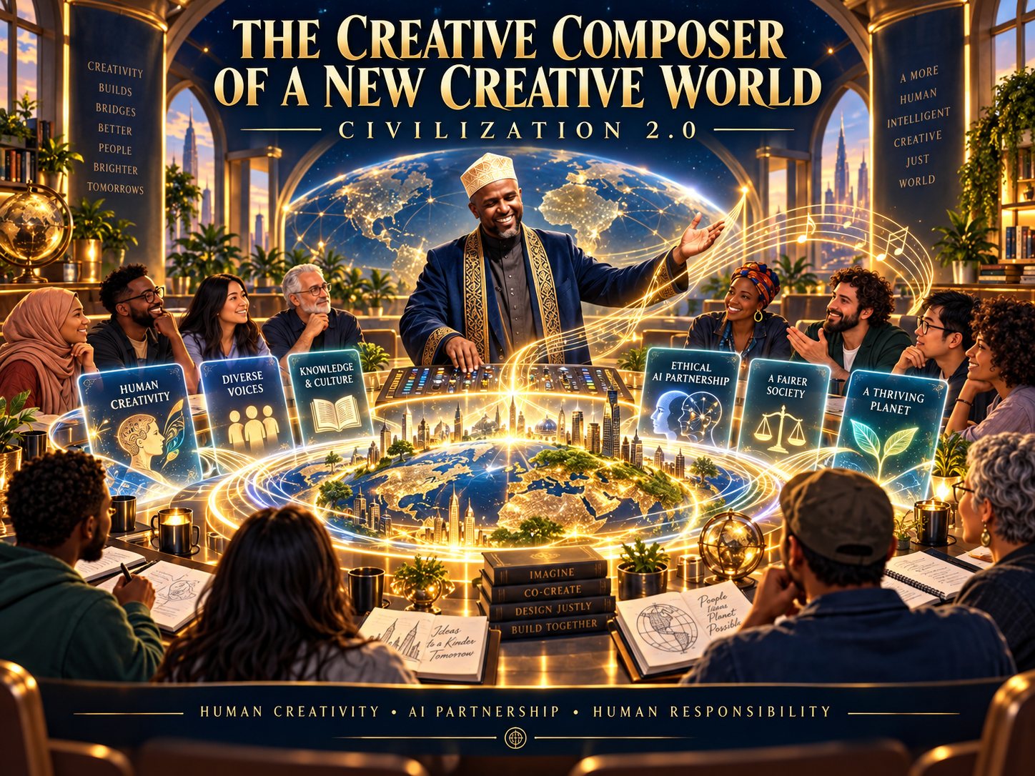 Omar, in a navy robe with gold trim and an embroidered cap, stands smiling with one arm raised like a conductor behind a glowing model of the Earth covered in small cities. Men and women of many backgrounds sit around the table listening and taking notes. Floating cards read Human Creativity, Diverse Voices, Knowledge and Culture, Ethical AI Partnership, A Fairer Society and A Thriving Planet. Gold lettering above reads The Creative Composer of a New Creative World, Civilization 2.0, and a banner below reads Human Creativity, AI Partnership, Human Responsibility.