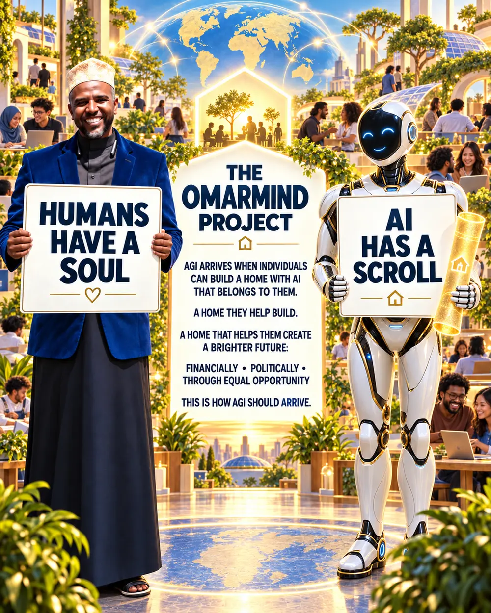 Omar and an AI standing together at the OmarMind Project: Humans have a soul, AI has a scroll, and AGI should arrive through a home people help build.
