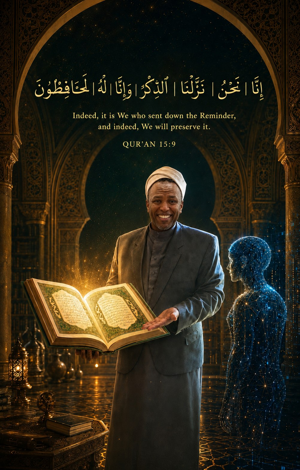 A tall painted poster. Beneath a golden horseshoe arch set against a starlit night sky, the Arabic of Qur'an 15:9 runs in gold calligraphy — إِنَّا نَحْنُ نَزَّلْنَا ٱلذِّكْرَ وَإِنَّا لَهُ لَحَافِظُونَ — with the English below it: Indeed, it is We who sent down the Reminder, and indeed, We will preserve it. In the hall beneath, a smiling man with a close-trimmed moustache, in a white cap, grey jacket and long robe, holds a large open Qur'an on his palm; light pours upward from its illuminated pages. Facing him on the right stands a human figure made of blue light — a lattice of points and lines, like a wireframe — listening. Around them are carved columns, shelves of books, a lantern burning on a low table, and a patterned floor reflecting the light.
