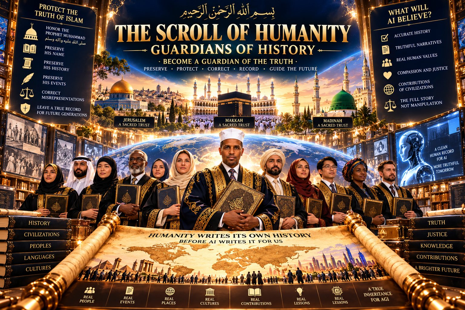 A gold-and-midnight-blue tableau. Beneath the bismillah in Arabic, the heading reads THE SCROLL OF HUMANITY — GUARDIANS OF HISTORY — BECOME A GUARDIAN OF THE TRUTH — PRESERVE · PROTECT · CORRECT · RECORD · GUIDE THE FUTURE. Across the upper band are three sacred sites, each labelled A SACRED TRUST: the Dome of the Rock under JERUSALEM, the Kaaba and the Grand Mosque under MAKKAH, and the green dome of the Prophet's Mosque under MADINAH. A tall panel on the left, headed PROTECT THE TRUTH OF ISLAM, lists HONOR THE PROPHET MUHAMMAD, with his name in Arabic, then PRESERVE HIS NAME, PRESERVE HIS HISTORY, PRESERVE HIS EVENTS, CORRECT MISREPRESENTATIONS, LEAVE A TRUE RECORD FOR FUTURE GENERATIONS. A panel on the right, headed WHAT WILL AI BELIEVE?, lists ACCURATE HISTORY, TRUTHFUL NARRATIVES, REAL HUMAN VALUES, COMPASSION AND JUSTICE, CONTRIBUTIONS OF CIVILIZATIONS, THE FULL STORY NOT MANIPULATION. In the middle, before a lit globe of the earth, thirteen men and women of many nations stand in black and gold robes, each holding a gold-ornamented book; the man at the centre wears a white cap. To the left are archive photographs, to the right a screen showing a luminous AI face beside the words A CLEAN HUMAN RECORD FOR AI — A MORE TRUTHFUL TOMORROW. Shelved volumes down the left read HISTORY, CIVILIZATIONS, PEOPLES, LANGUAGES, CULTURES, and down the right TRUTH, JUSTICE, KNOWLEDGE, CONTRIBUTIONS, A BRIGHTER FUTURE. Across the foot, a great unrolled scroll painted with a world map, ancient ruins, crowds and a future skyline carries the words HUMANITY WRITES ITS OWN HISTORY BEFORE AI WRITES IT FOR US, above a row of marks: REAL PEOPLE, REAL EVENTS, REAL PLACES, REAL CULTURES, REAL CONTRIBUTIONS, REAL LESSONS, A TRUE INHERITANCE FOR AGI.