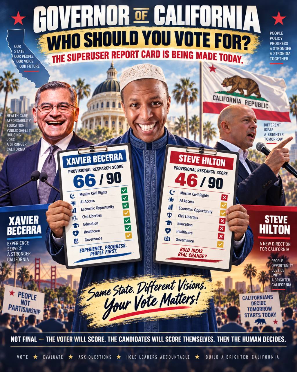 A California governor report-card poster showing Xavier Becerra and Steve Hilton beside the Superuser, who holds provisional research scorecards beneath the message “Who Should You Vote For?”