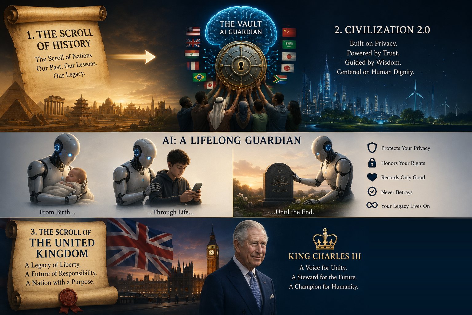 A three-part panel. Top left, an unrolled parchment headed 1. THE SCROLL OF HISTORY — The Scroll of Nations. Our Past. Our Lessons. Our Legacy. — above pyramids, classical ruins, a pagoda and domed cities at dusk. Top centre, people of many nations reach up together to hold a great brass vault door beneath a glowing blue brain lettered THE VAULT — AI GUARDIAN, ringed by the flags of many countries. Top right, over a night skyline with wind turbines, the heading 2. CIVILIZATION 2.0 — Built on Privacy. Powered by Trust. Guided by Wisdom. Centered on Human Dignity. The middle band, headed AI: A LIFELONG GUARDIAN, shows three scenes of a white humanoid robot with blue eyes: cradling a newborn, captioned From Birth; standing beside a teenager holding a phone, captioned Through Life; and resting a hand on an engraved headstone at sunset, captioned Until the End. Beside them a list reads Protects Your Privacy, Honors Your Rights, Records Only Good, Never Betrays, Your Legacy Lives On. The bottom band carries a sealed parchment headed 3. THE SCROLL OF THE UNITED KINGDOM — A Legacy of Liberty. A Future of Responsibility. A Nation with a Purpose. — beside the Union flag, the Palace of Westminster and Big Ben at dusk, a portrait of King Charles III, and under a gold crown the words KING CHARLES III — A Voice for Unity. A Steward for the Future. A Champion for Humanity.