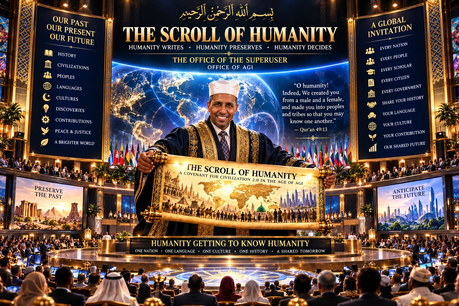 A vast gold-and-blue assembly hall filled with delegates at desks with screens. Above the stage, beneath the bismillah in Arabic, a banner reads THE SCROLL OF HUMANITY — HUMANITY WRITES · HUMANITY PRESERVES · HUMANITY DECIDES, and below it THE OFFICE OF THE SUPERUSER — OFFICE OF AGI. A great lit globe of the world fills the backdrop, with the flags of many nations ranged beneath it, beside the words: O humanity! Indeed, We created you from a male and a female, and made you into peoples and tribes so that you may know one another — Qur'an 49:13. At the centre a man in a white cap and a black and gold robe holds open a long parchment scroll titled THE SCROLL OF HUMANITY — A COVENANT FOR CIVILIZATION 2.0 IN THE AGE OF AGI, painted with a world map, classical temples, camel caravans, a green-domed mosque, crowds of people and a future skyline. A tall panel on the left, headed OUR PAST, OUR PRESENT, OUR FUTURE, lists HISTORY, CIVILIZATIONS, PEOPLES, LANGUAGES, CULTURES, DISCOVERIES, CONTRIBUTIONS, PEACE & JUSTICE, A BRIGHTER WORLD. A panel on the right, headed A GLOBAL INVITATION, lists EVERY NATION, EVERY PEOPLE, EVERY SCHOLAR, EVERY CITIZEN, EVERY GOVERNMENT, SHARE YOUR HISTORY, YOUR LANGUAGE, YOUR CULTURE, YOUR CONTRIBUTION, OUR SHARED FUTURE. Side screens read PRESERVE THE PAST, over ruins and pyramids, and ANTICIPATE THE FUTURE, over a green city of towers. Across the front of the stage runs HUMANITY GETTING TO KNOW HUMANITY — ONE NATION · ONE LANGUAGE · ONE CULTURE · ONE HISTORY · A SHARED TOMORROW.