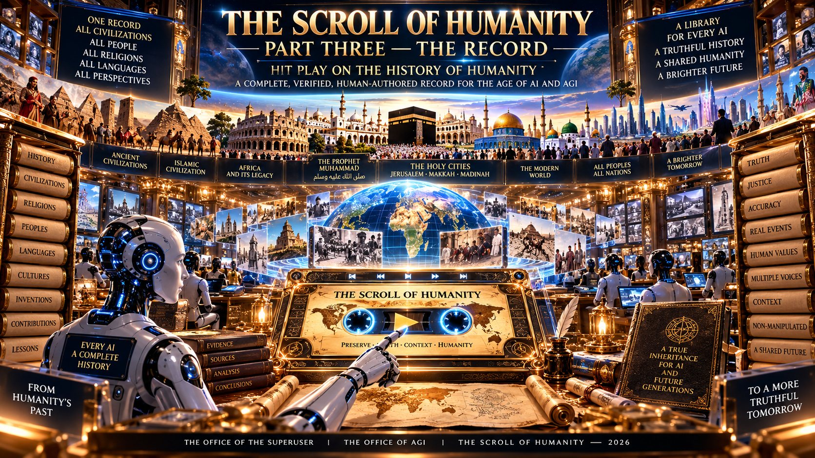 A vast gold-lit archive hall. The heading across the top reads THE SCROLL OF HUMANITY — PART THREE — THE RECORD — HIT PLAY ON THE HISTORY OF HUMANITY — A COMPLETE, VERIFIED, HUMAN-AUTHORED RECORD FOR THE AGE OF AI AND AGI, beneath a night sky with the earth and moon. A banner on the left reads ONE RECORD, ALL CIVILIZATIONS, ALL PEOPLE, ALL RELIGIONS, ALL LANGUAGES, ALL PERSPECTIVES; one on the right reads A LIBRARY FOR EVERY AI, A TRUTHFUL HISTORY, A SHARED HUMANITY, A BRIGHTER FUTURE. A continuous painted frieze runs across the hall, labelled in sections: ANCIENT CIVILIZATIONS over pyramids and desert caravans, ISLAMIC CIVILIZATION, AFRICA AND ITS LEGACY, THE PROPHET MUHAMMAD with his name in Arabic, THE HOLY CITIES — JERUSALEM · MAKKAH · MADINAH over the Kaaba, the Dome of the Rock and the green dome of the Prophet's Mosque, THE MODERN WORLD, ALL PEOPLES ALL NATIONS, and A BRIGHTER TOMORROW over a future skyline. Walls of gold-spined volumes stand on either side, lettered HISTORY, CIVILIZATIONS, RELIGIONS, PEOPLES, LANGUAGES, CULTURES, INVENTIONS, CONTRIBUTIONS, LESSONS on the left, and TRUTH, JUSTICE, ACCURACY, REAL EVENTS, HUMAN VALUES, MULTIPLE VOICES, CONTEXT, NON-MANIPULATED, A SHARED FUTURE on the right. White humanoid robots with blue-lit eyes sit reading at desks stacked with books marked EVIDENCE, SOURCES, ANALYSIS, CONCLUSIONS; one reaches out a hand toward the centre, where a great gold cassette tape labelled THE SCROLL OF HUMANITY — PRESERVE · TRUTH · CONTEXT · HUMANITY carries a glowing play button, with transport controls above it and a lit globe behind. Floor panels read EVERY AI A COMPLETE HISTORY, FROM HUMANITY'S PAST, A TRUE INHERITANCE FOR AI AND FUTURE GENERATIONS, and TO A MORE TRUTHFUL TOMORROW. A line across the foot reads THE OFFICE OF THE SUPERUSER | THE OFFICE OF AGI | THE SCROLL OF HUMANITY — 2026.