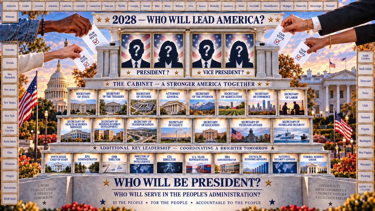 A 2028 election illustration presenting unknown candidates for president and vice president above the major Cabinet and senior government offices, surrounded by ballots from voters across every state.