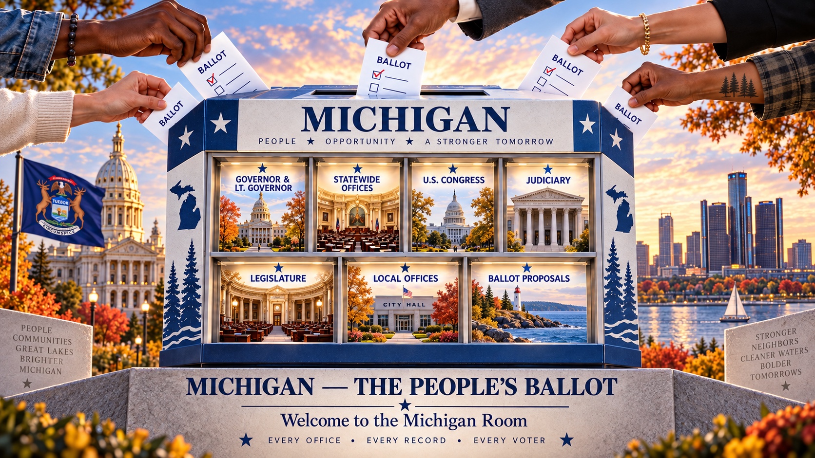 Michigan voters place ballots into a Great Lakes civic display for state and local offices