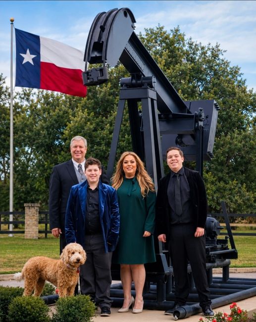 Julie Pickren with her family in Texas, with the Texas flag and a pumpjack behind them