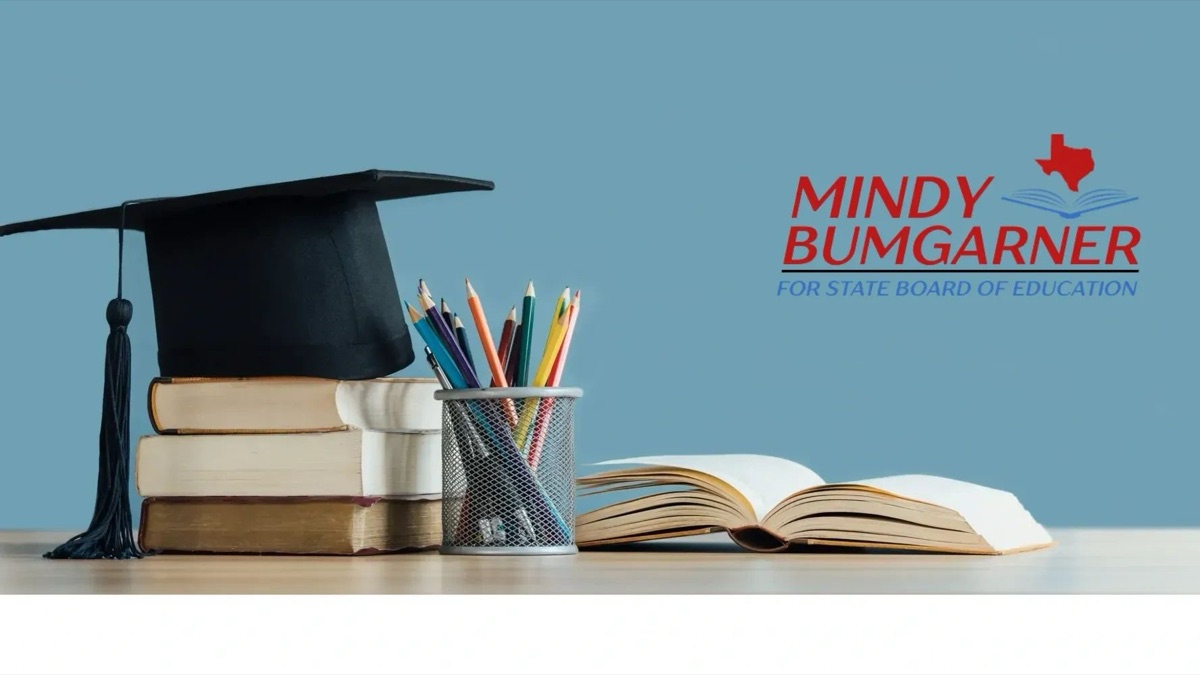 Mindy Bumgarner campaign graphic with a graduation cap, books, pencils, and her State Board of Education campaign name