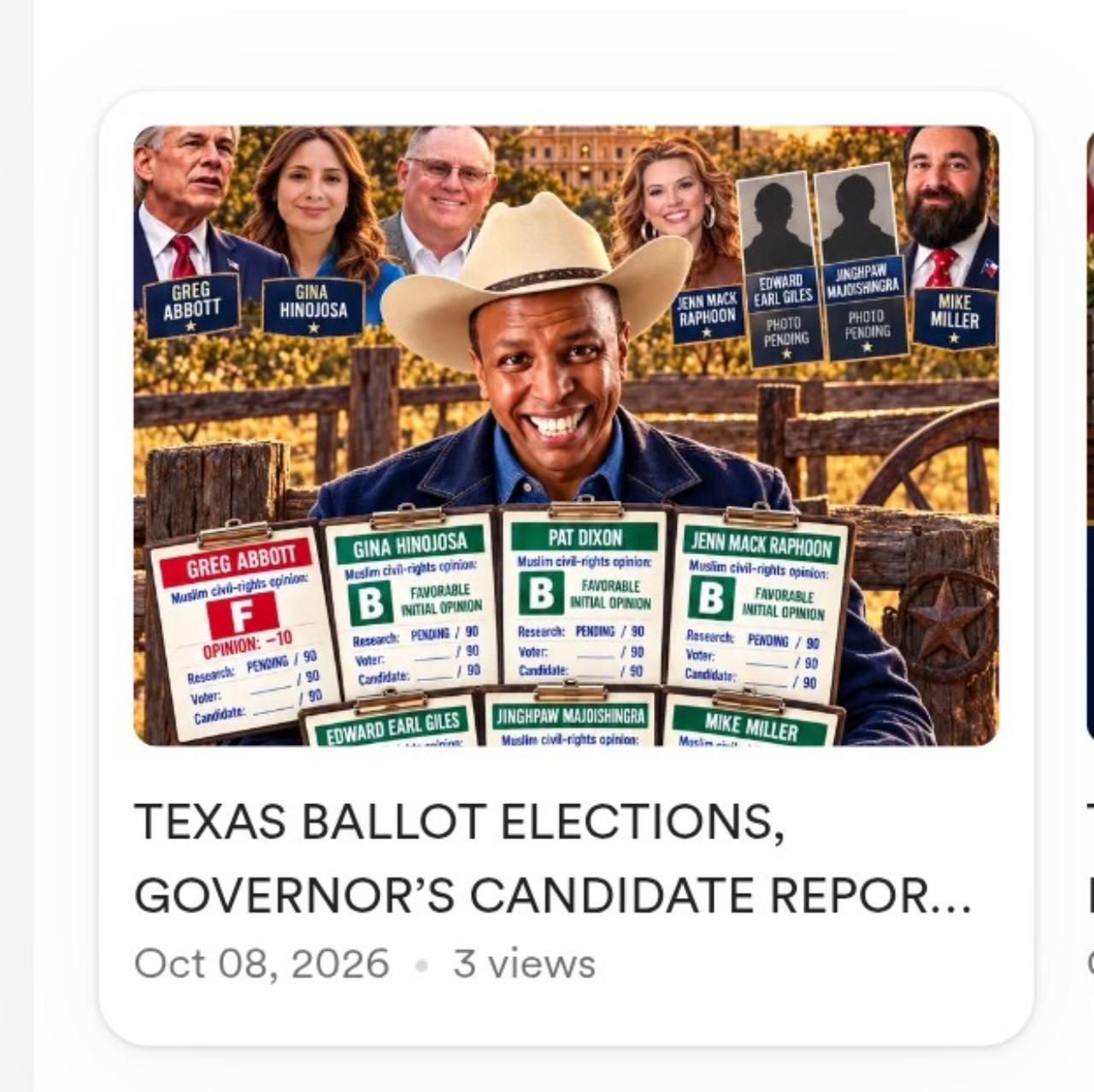 Texas governor candidate report-card preview showing Omar and the seven candidates in the race.