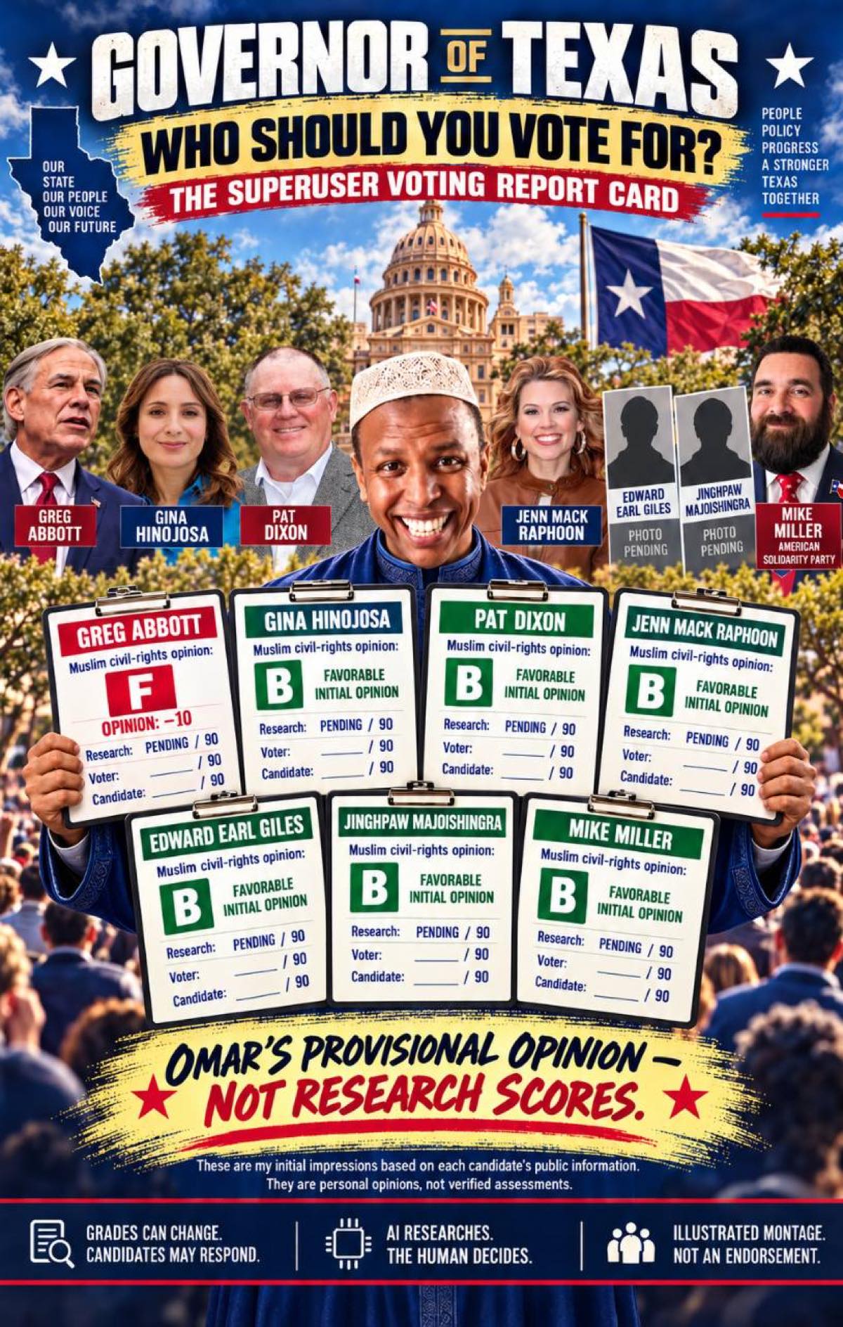 A Texas governor Superuser Voting Report Card poster showing all seven eligible candidates and Omar holding provisional opinion cards labeled as personal opinions, not research scores or endorsements.
