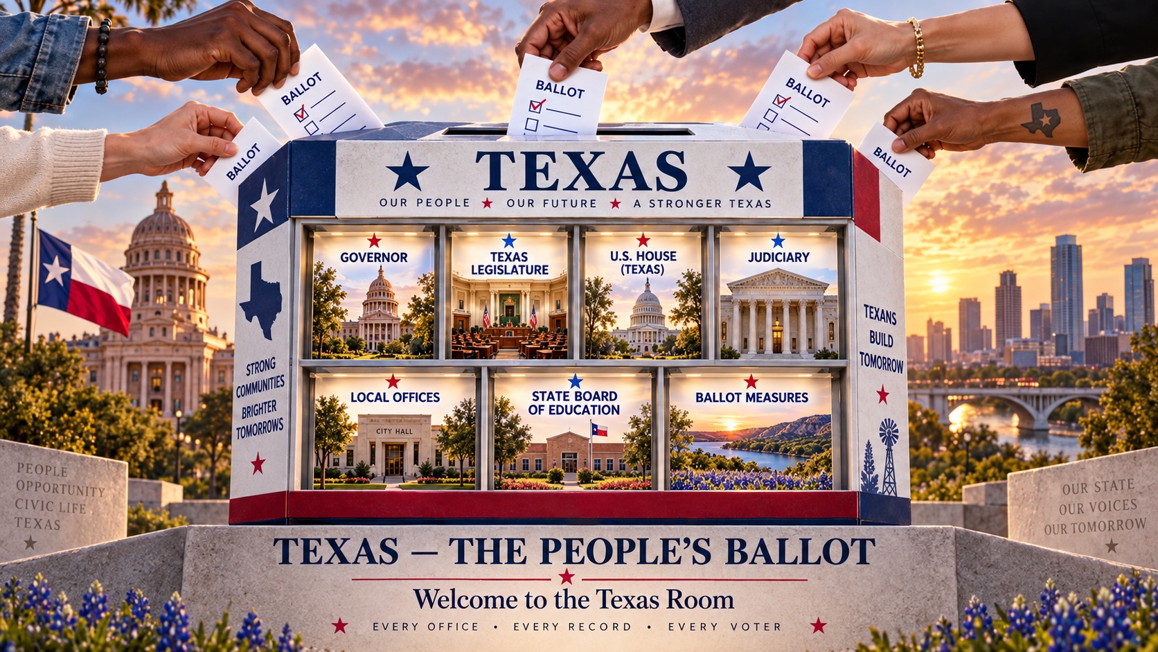 Texas voters place ballots into a Lone Star civic display for state and local offices