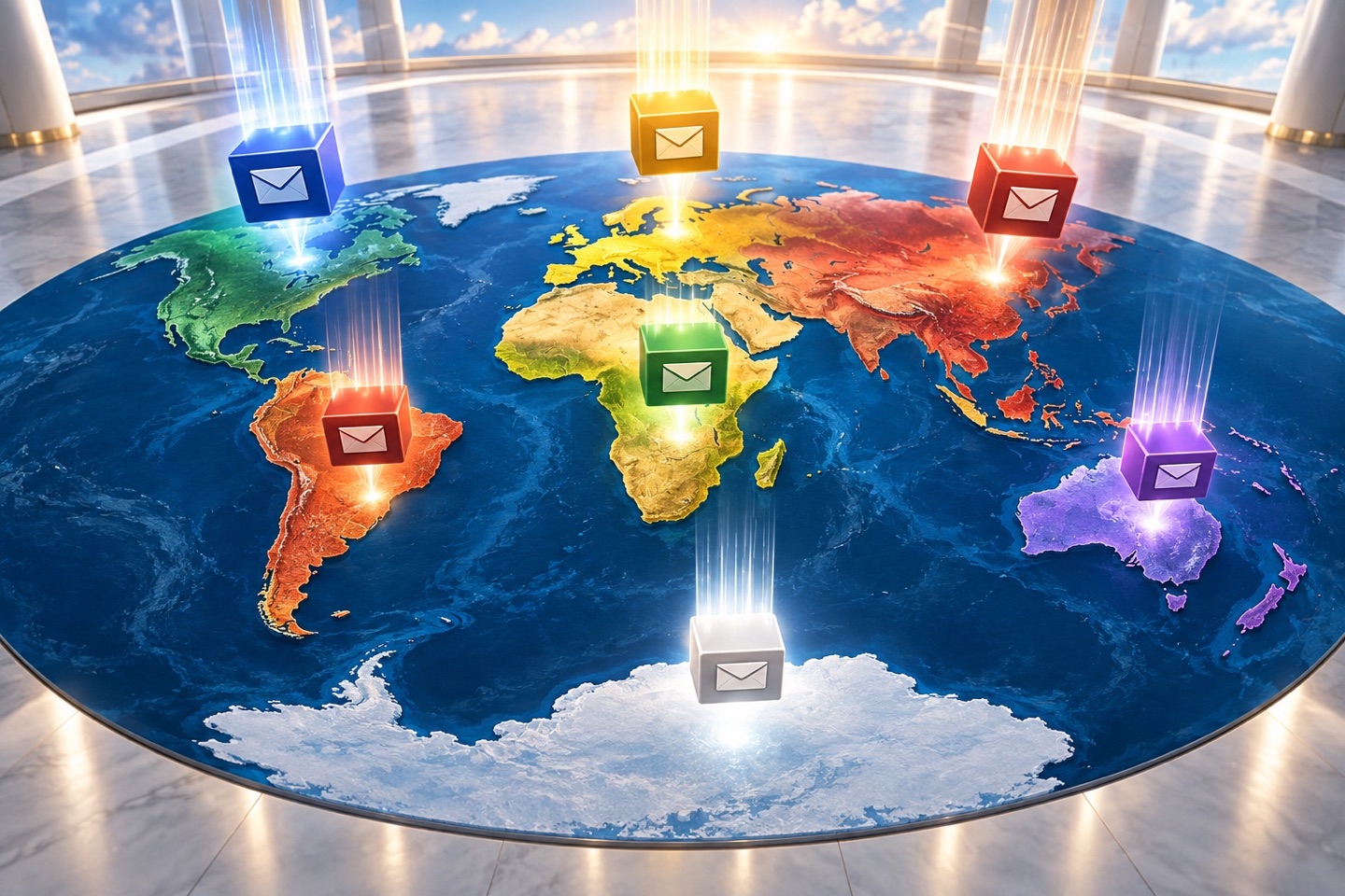 A luminous, cinematic world map laid flat beneath seven descending cube-shaped inboxes, each marked with an envelope and glowing over one of the seven continents—Africa, Europe, Asia, North America, South America, Australia and Antarctica—representing one open public inbox for the whole world.