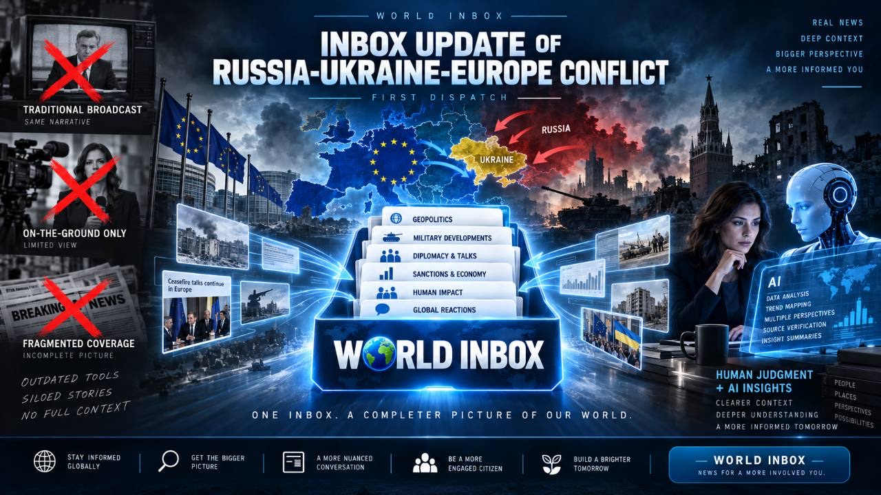 A World Inbox conflict update centered on a map of Europe with Ukraine highlighted between Europe and Russia, folders for geopolitics, military developments, diplomacy, sanctions and economy, human impact and global reactions, and a human working beside an AI system.