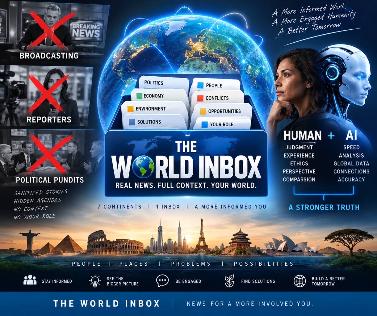 The World Inbox graphic centered on a glowing globe and folders for politics, people, economy, conflicts, environment, opportunities, solutions and your role, with traditional broadcasting, reporters and political pundits crossed out on the left and a human working alongside AI on the right.