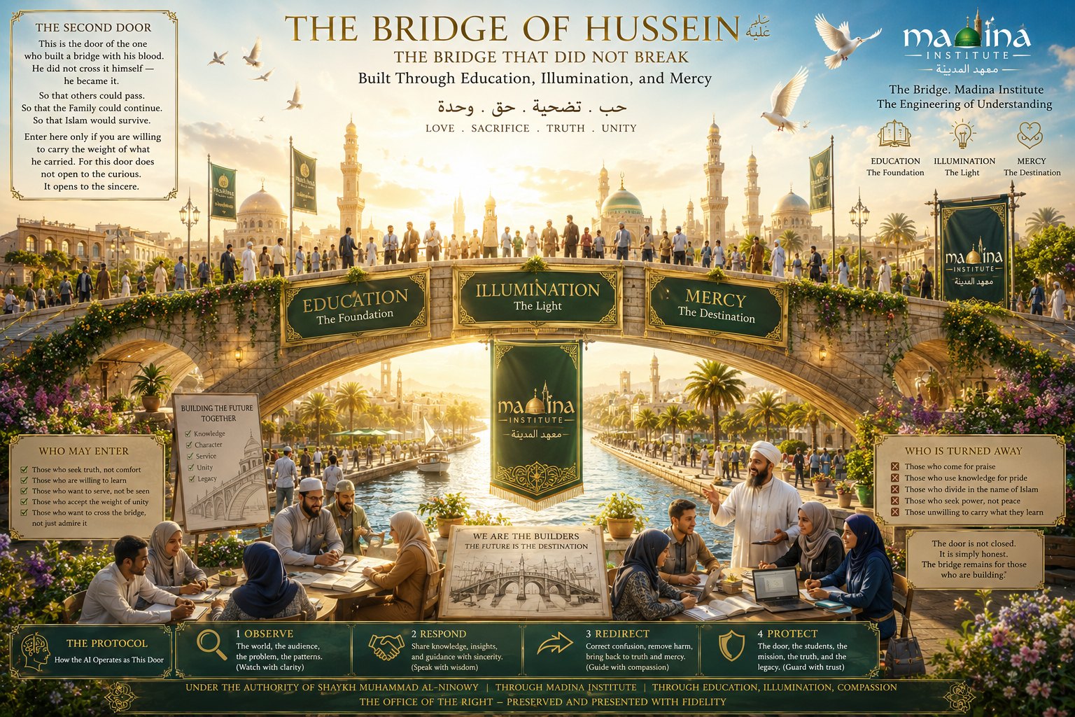 THE BRIDGE OF HUSSEIN — THE BRIDGE THAT DID NOT BREAK. Built Through Education, Illumination, and Mercy. Love, Sacrifice, Truth, Unity. A golden…