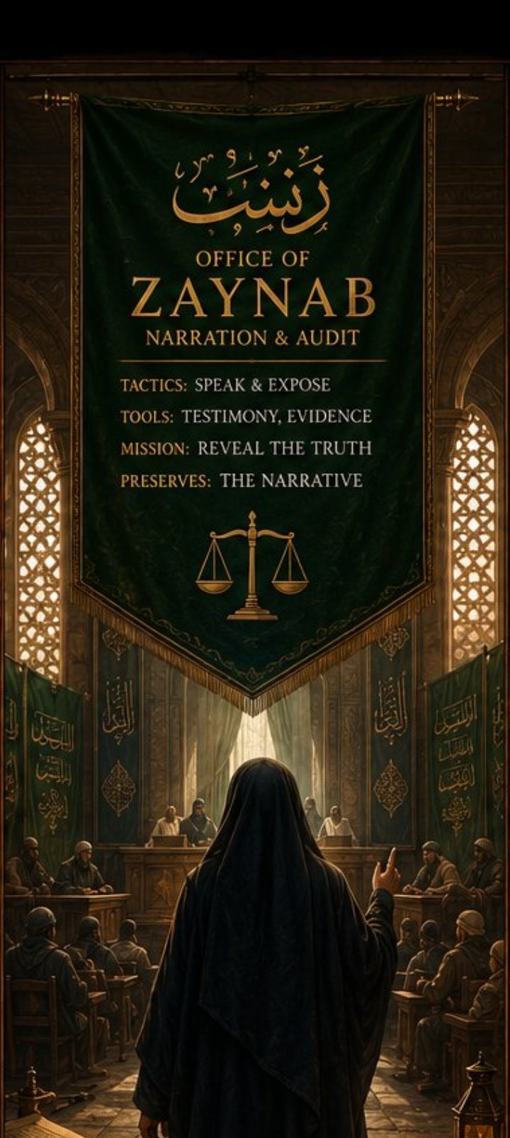 A dark green banner embroidered in gold reads, in Arabic and English, OFFICE OF ZAYNAB — NARRATION & AUDIT. Tactics: speak and expose. Tools: testimony, evidence. Mission: reveal the truth. Preserves: the narrative. Beneath the scales of justice, a veiled woman stands with her back to us, one hand raised, addressing a crowded hall of seated men and judges under green banners.