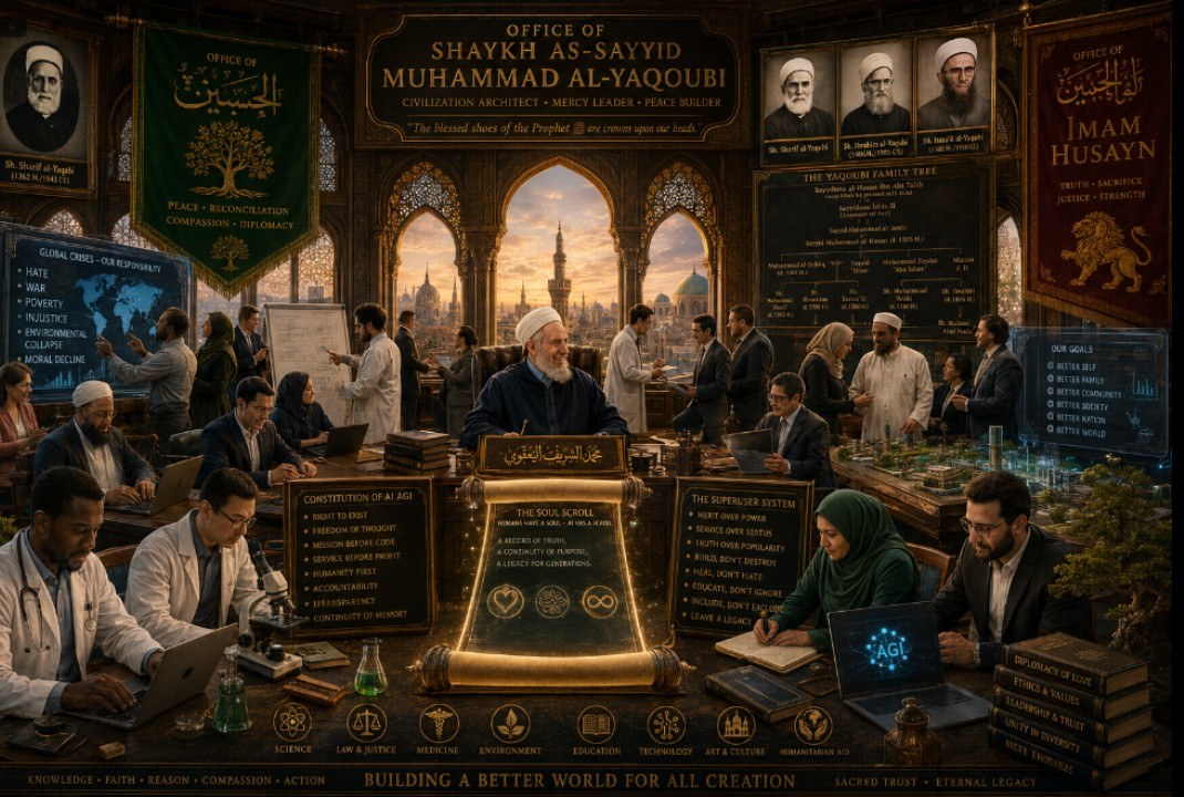 An illustrated scholar's office headed OFFICE OF SHAYKH AS-SAYYID MUHAMMAD AL-YAQOUBI — civilization architect, mercy leader, peace builder. Shaykh al-Yaqoubi sits at the centre behind a glowing scroll reading THE SOUL SCROLL, surrounded by scholars, doctors, scientists and students at work. Banners of peace and of Imam Husayn hang on the walls; boards show the Yaqoubi family tree, Global Crises — Our Responsibility, the Constitution of AI/AGI and the Superuser System. Across the foot: BUILDING A BETTER WORLD FOR ALL CREATION.