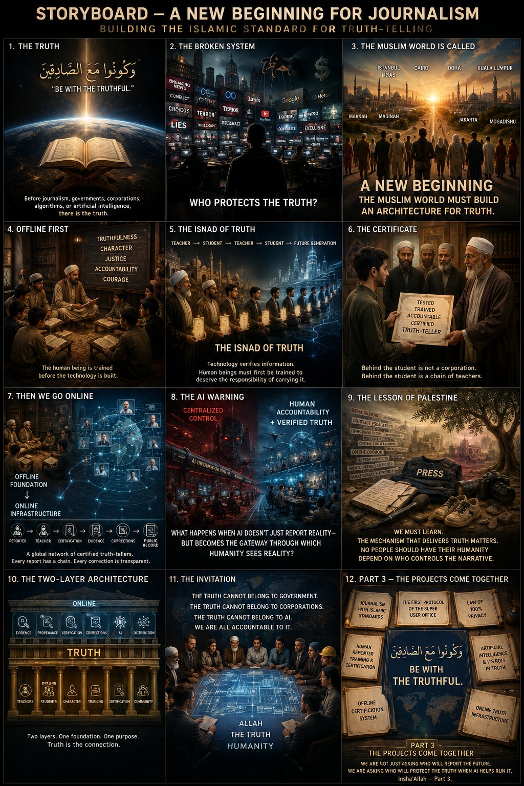 A twelve-panel storyboard titled STORYBOARD — A NEW BEGINNING FOR JOURNALISM, BUILDING THE ISLAMIC STANDARD FOR TRUTH-TELLING: 1 The Truth (an open…