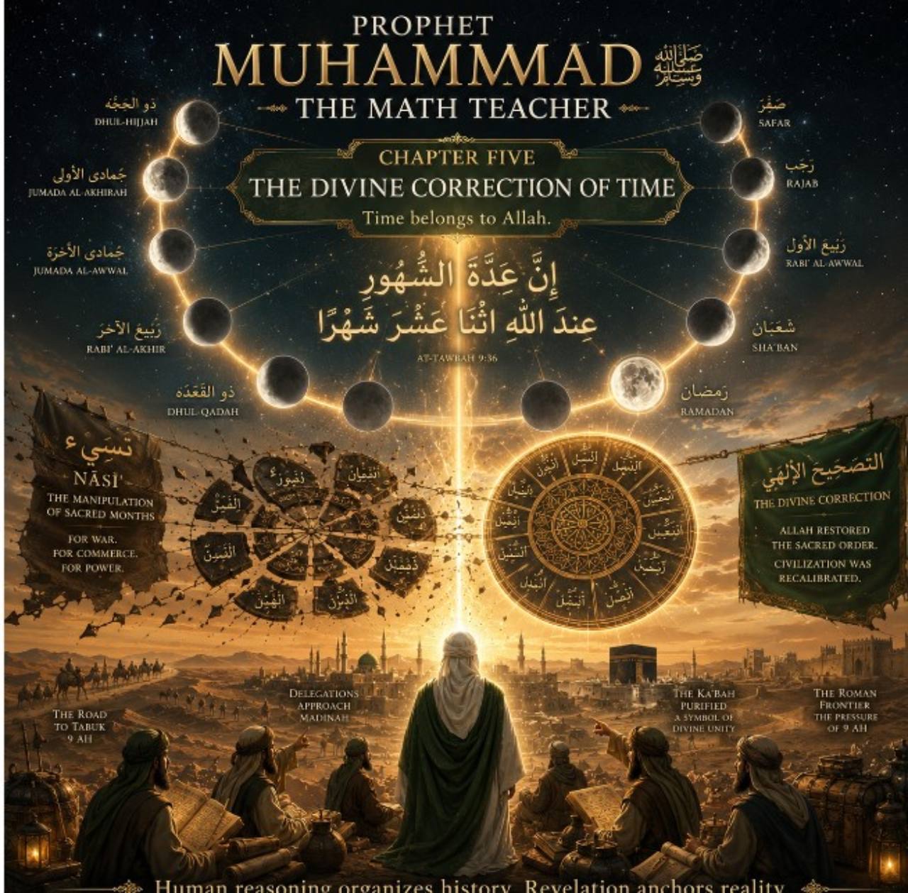 An illuminated composition titled “Prophet Muhammad ﷺ, The Math Teacher — Chapter Five: The Divine Correction of Time,” showing the lunar months circling Qur’anic calligraphy above two calendar wheels and a gathering overlooking Makkah.