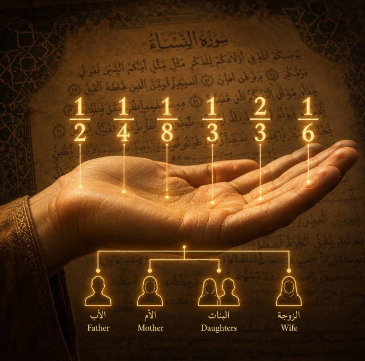 A glowing hand holds the inheritance fractions one-half, one-quarter, one-eighth, one-third, two-thirds, and one-sixth above an illuminated family diagram naming the father, mother, daughters, and wife in Arabic and English, with a Qur’an manuscript in the background.