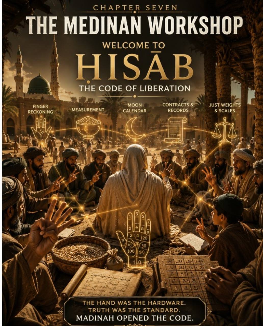 An illustrated chapter cover titled “The Medinan Workshop — Welcome to Hisab,” showing a teacher and companions using fingers and palms to count among symbols for measurement, the moon calendar, records, and just scales.