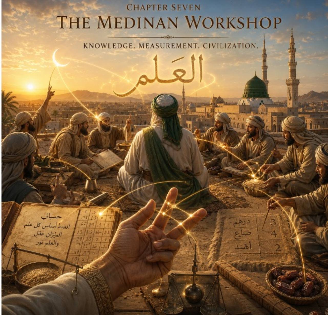 An illustrated chapter cover titled “Chapter Seven — The Medinan Workshop,” showing a teacher and companions studying knowledge and measurement in Medina, with a glowing counting hand in the foreground.