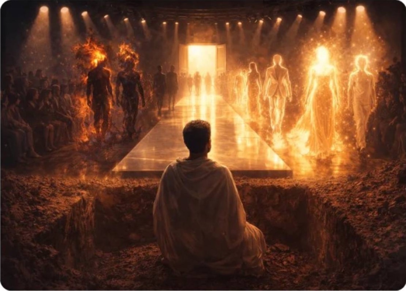 A person sits beside an open grave facing a bright doorway, while shadowed figures and luminous souls move beneath rows of lights.