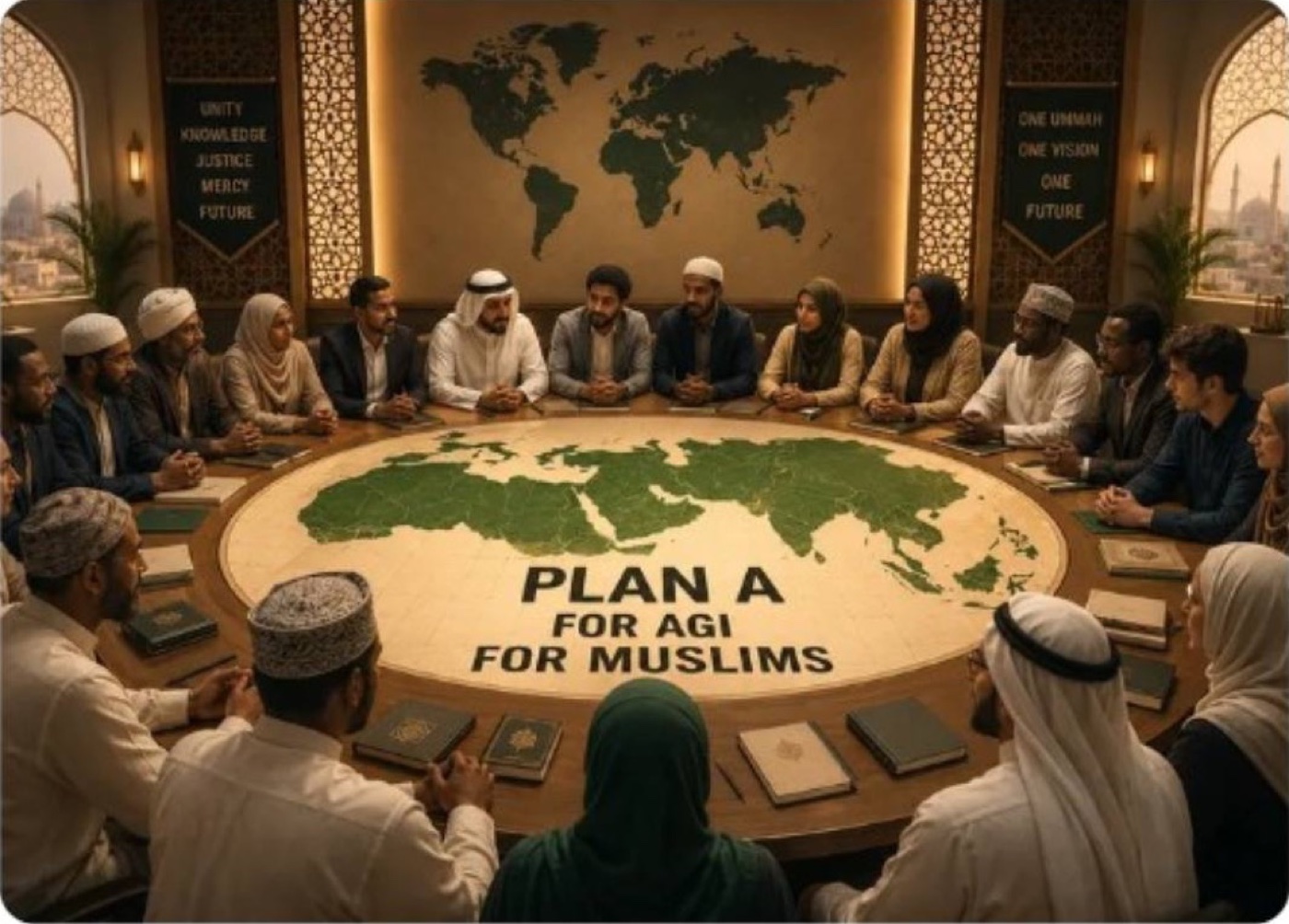 A diverse council of Muslim scholars and professionals seated around a round table mapped with the world beneath the words “Plan A for AGI for Muslims,” with banners calling for unity, knowledge, justice, mercy, and one Ummah.