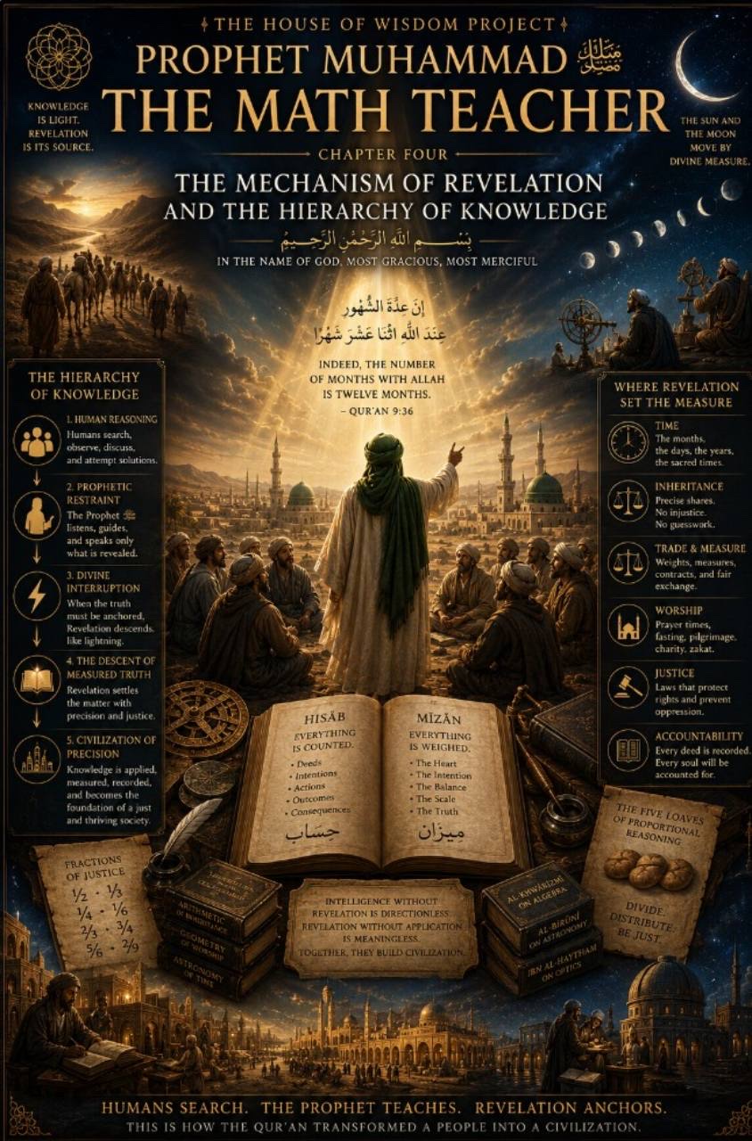 An illustrated House of Wisdom Project chapter cover titled “Prophet Muhammad ﷺ — The Math Teacher,” showing a teacher addressing companions in Medina beneath the heading “The Mechanism of Revelation and the Hierarchy of Knowledge.”