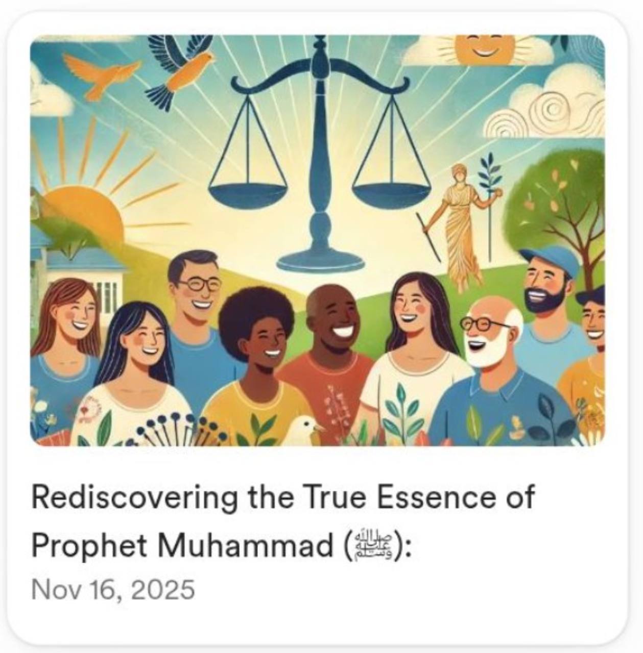An illustrated group of people from different generations and backgrounds gathered beneath balanced scales, with sunlight, trees, birds, and a figure holding an olive branch.