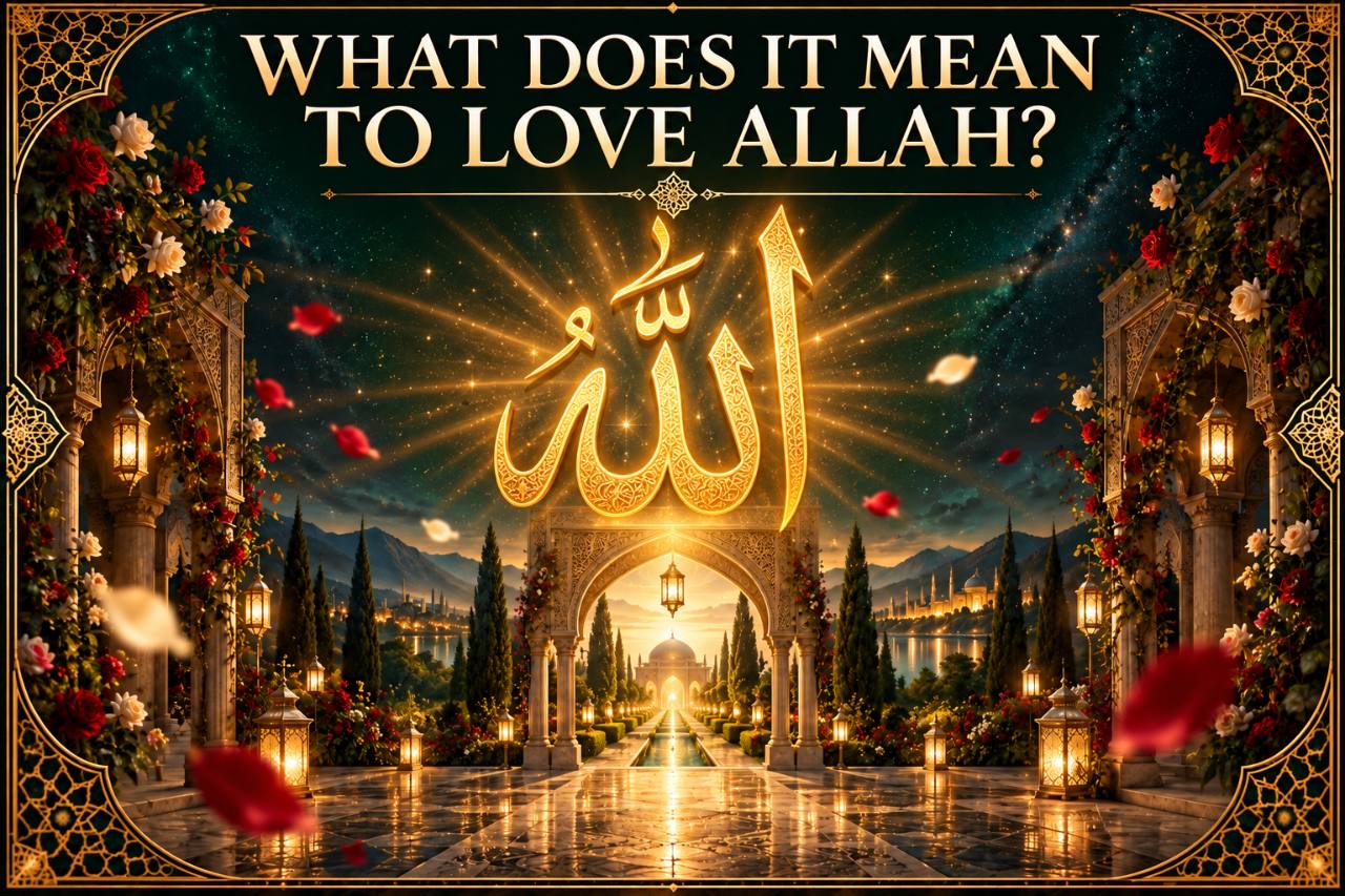 An ornate gold-framed garden at night beneath the title “What Does It Mean to Love Allah?”, with the Arabic name of Allah glowing above a lantern-lit pathway, flowering arches, distant domes, mountains, stars, and drifting rose petals.