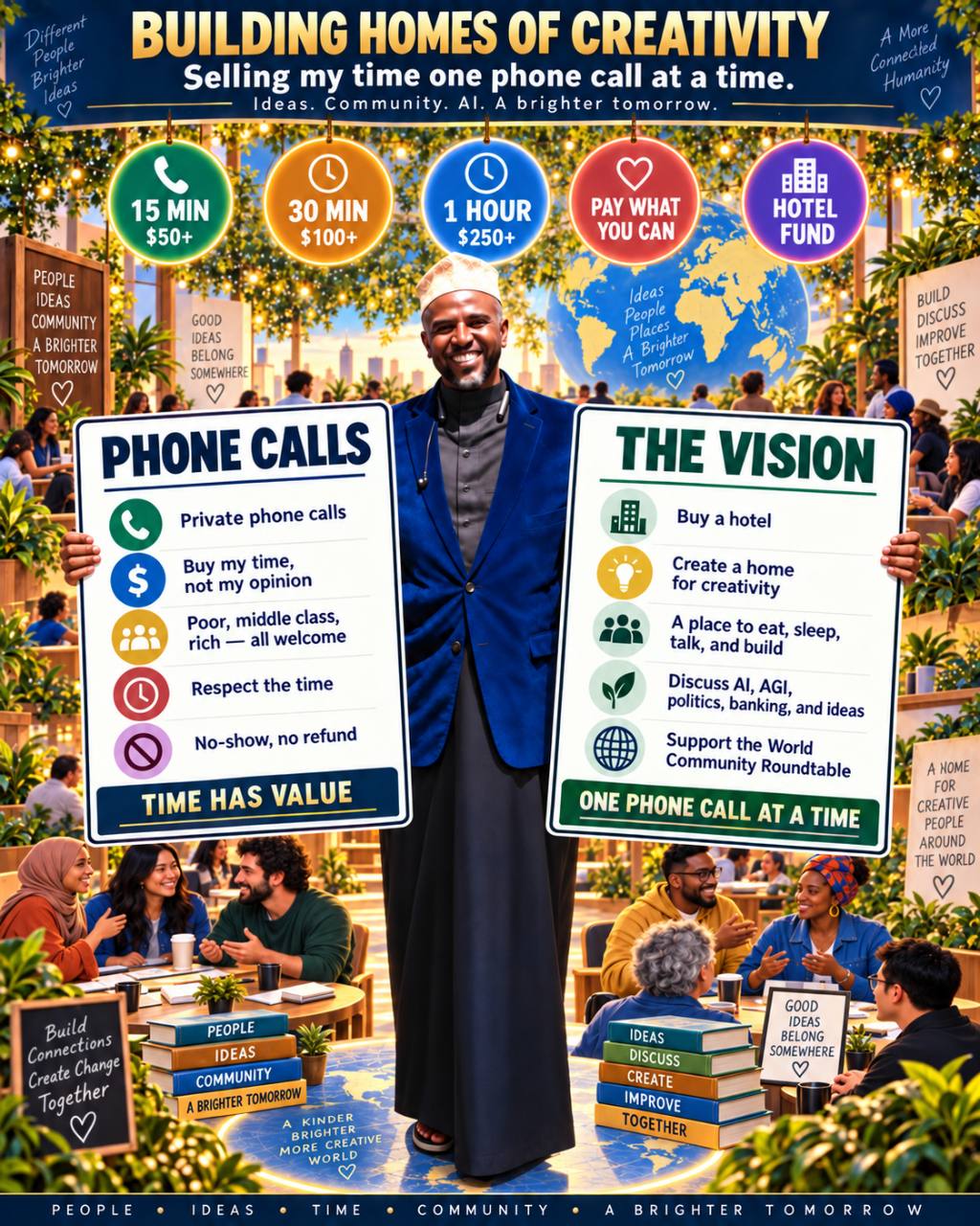 Building Homes of Creativity — the Superuser stands in a lively international community holding signs for private phone calls and a vision to create hotels where people can eat, sleep, talk, and build.