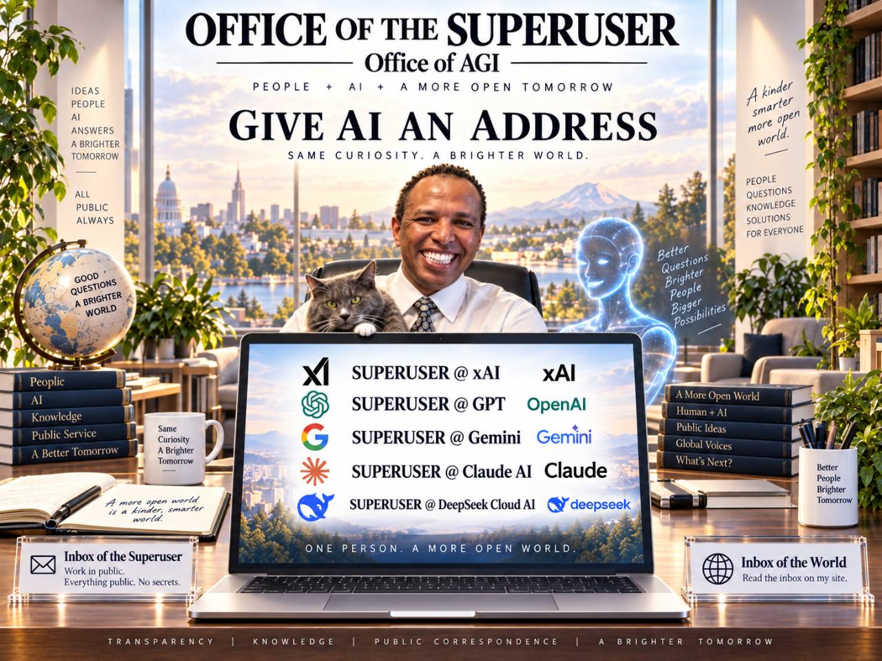 Office of the Superuser — Give AI an Address. A laptop displays proposed future Superuser identities for xAI, GPT, Gemini, Claude AI, and DeepSeek Cloud AI.