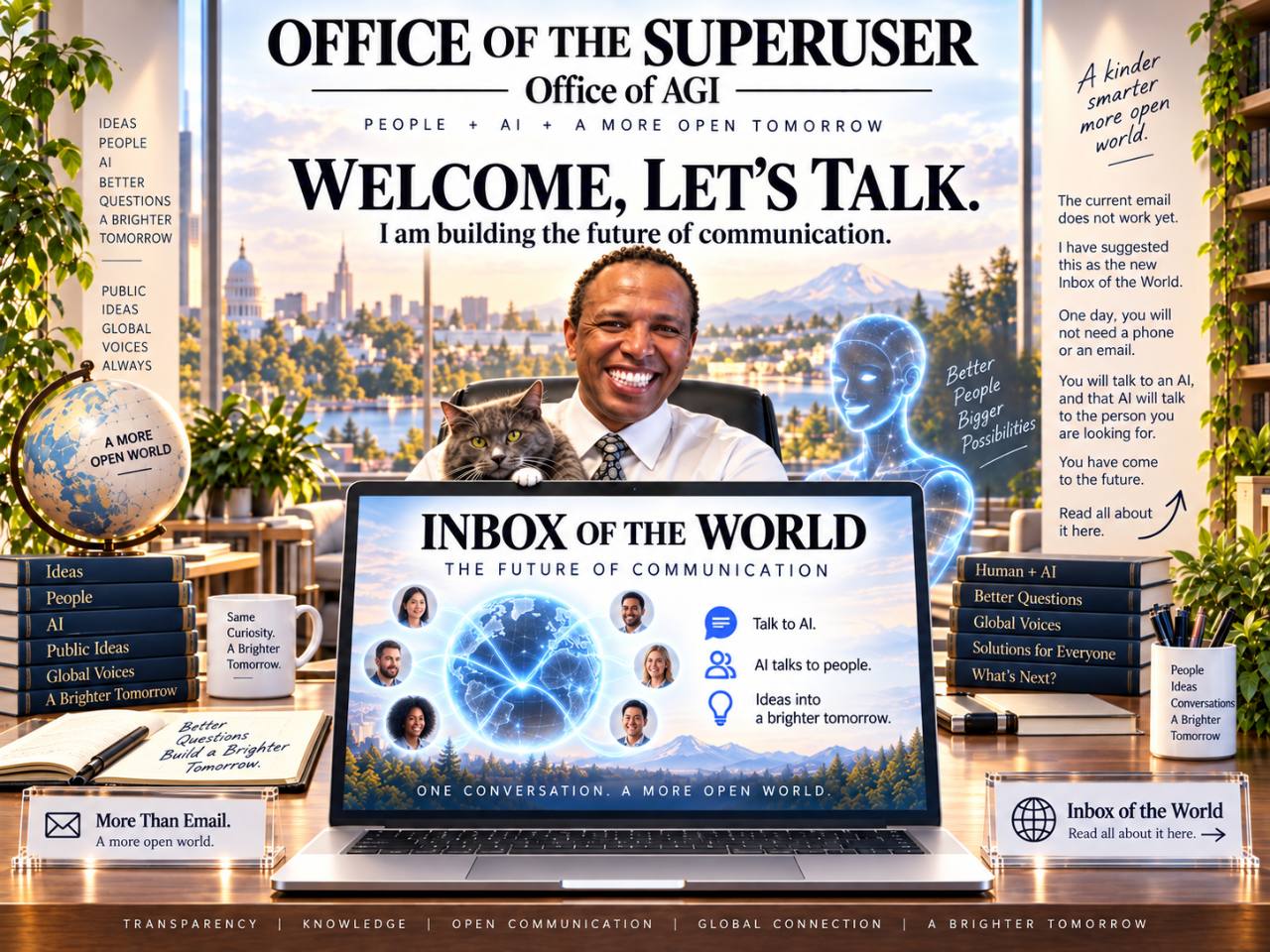 Office of the Superuser — Welcome, let’s talk. The Superuser sits beside a cat and an AI figure in a bright office, with the Inbox of the World displayed on a laptop.