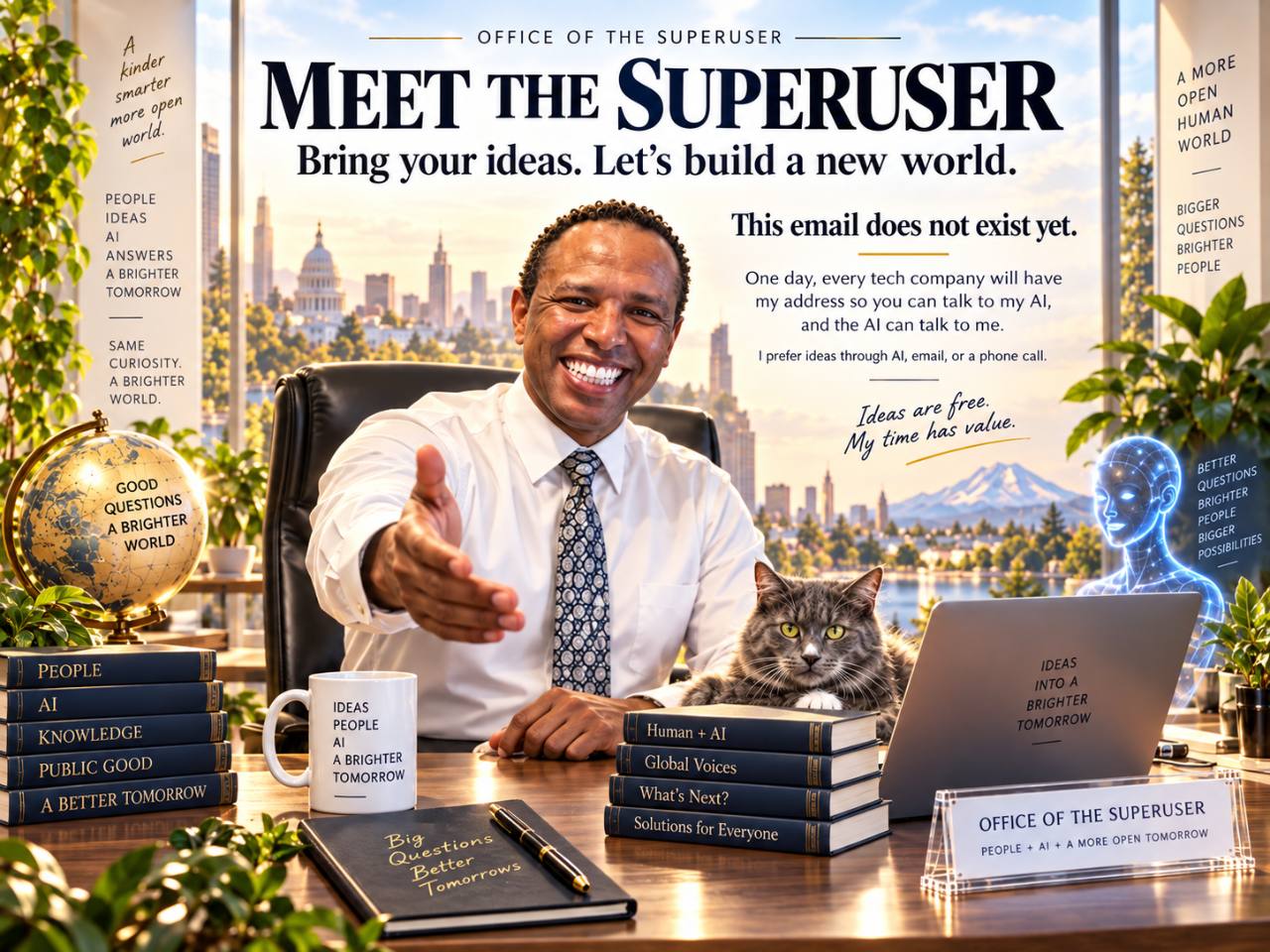 Meet the Superuser — a smiling man reaches out from a bright office beside a cat and an AI figure, beneath the words Bring your ideas. Let’s build a new world.