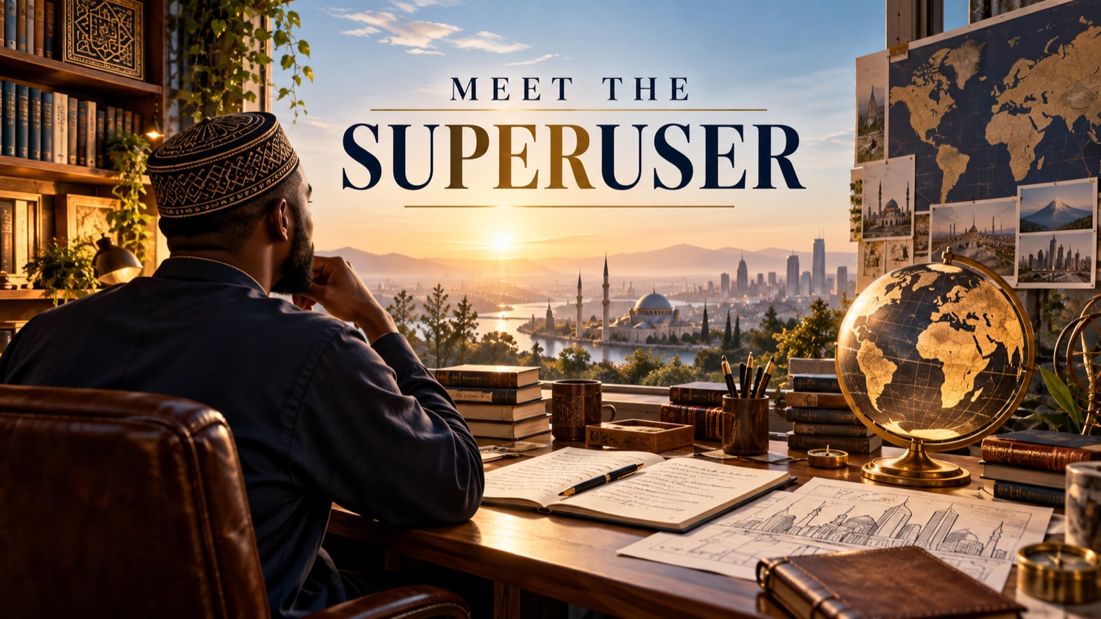 A thoughtful man in a kufi sits at a desk filled with books, notes, and architectural sketches, looking toward a sunrise over a global city; above him are the words Meet the Superuser.