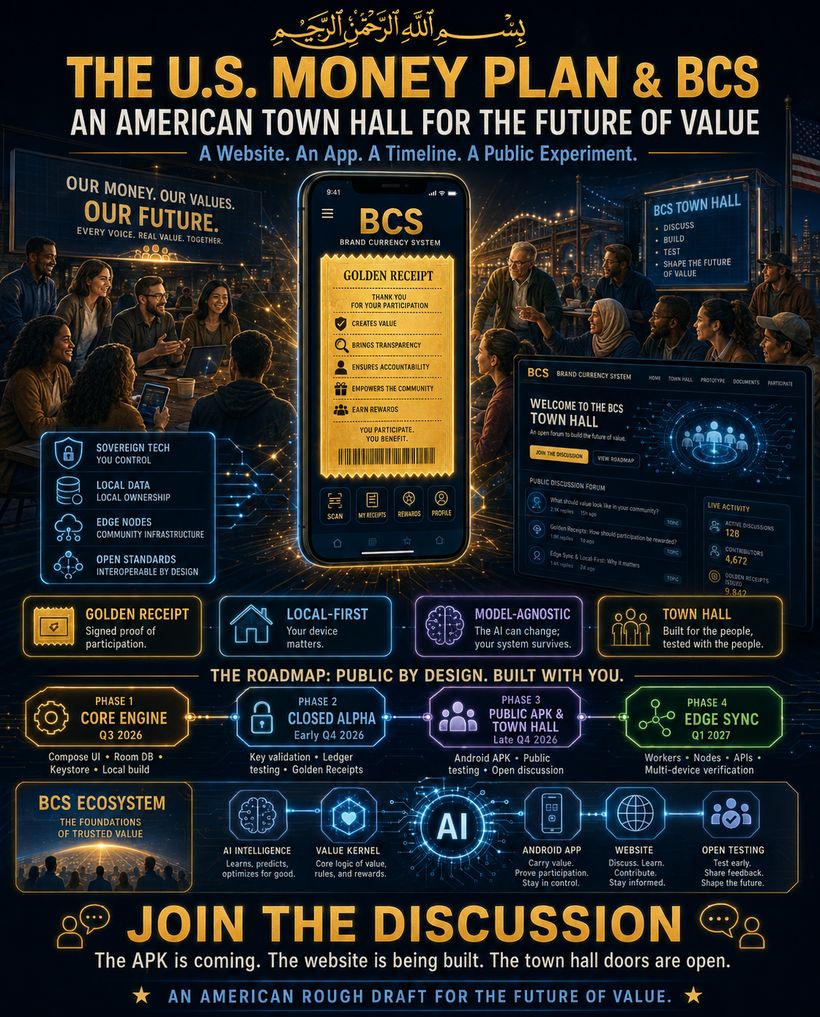 A tall poster opening with the bismillah in Arabic, headed THE U.S. MONEY PLAN & BCS — AN AMERICAN TOWN HALL FOR THE FUTURE OF VALUE. A website. An app. A timeline. A public experiment. Groups of people talk around laptops and café tables under a US flag, beside a screen reading BCS TOWN HALL — discuss, build, test, shape the future of value. At the centre, a phone shows the BCS app displaying a Golden Receipt — thank you for your participation; creates value, brings transparency, ensures accountability, empowers the community, earn rewards. Beside it a mocked-up web forum, Welcome to the BCS Town Hall. Four principles are named — Golden Receipt, signed proof of participation; Local-First, your device matters; Model-Agnostic, the AI can change, your system survives; Town Hall, built for the people, tested with the people — above a roadmap of four phases: Core Engine Q3 2026, Closed Alpha early Q4 2026, Public APK and Town Hall late Q4 2026, Edge Sync Q1 2027. A band names the BCS ecosystem: AI intelligence, value kernel, Android app, website, open testing. Across the foot: JOIN THE DISCUSSION — the APK is coming, the website is being built, the town hall doors are open. An American rough draft for the future of value.