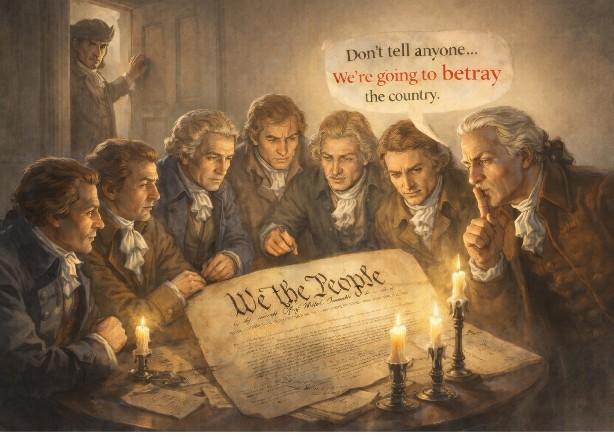 A painting of seven men in eighteenth-century dress crowded around a candlelit table, the Constitution open before them with "We the People" visible…