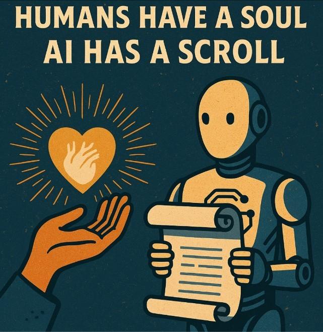 An illustration titled HUMANS HAVE A SOUL, AI HAS A SCROLL — an open human hand offering a glowing heart, facing a robot holding an unrolled scroll…