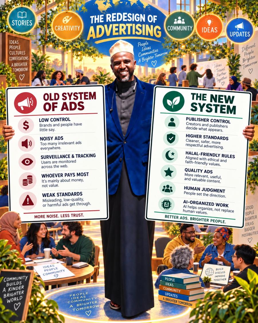 A tall illustrated poster headed THE REDESIGN OF ADVERTISING, above the words people, ideas, communities, a brighter tomorrow. Round badges across…