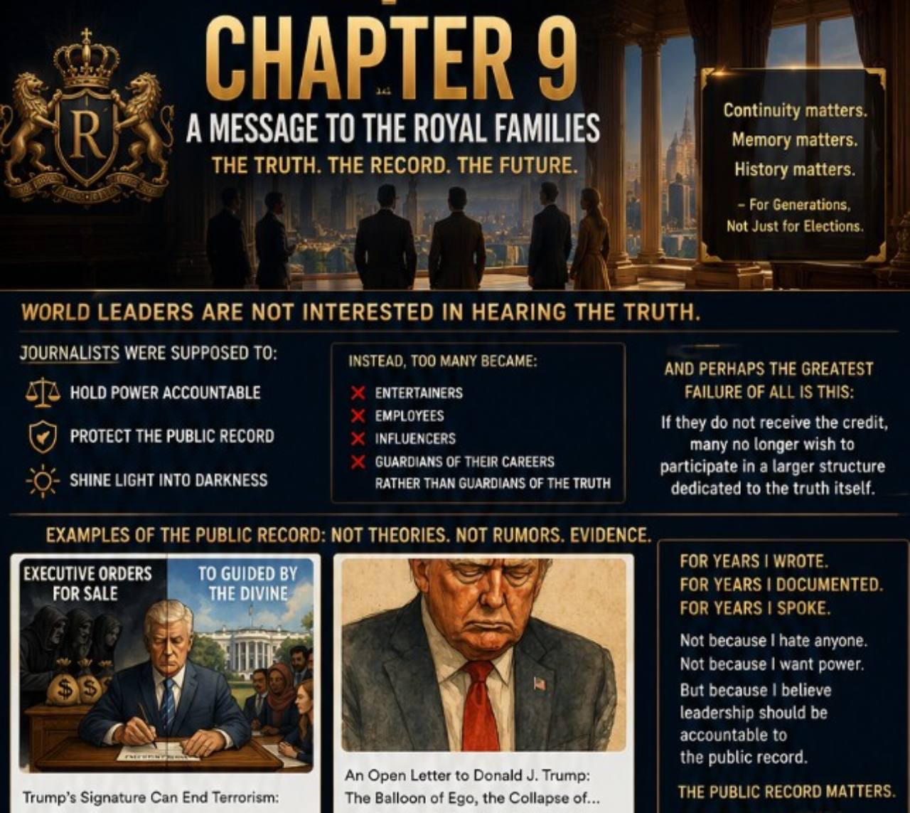 A Chapter 9 poster titled “A Message to the Royal Families — The Truth. The Record. The Future.” showing royal figures overlooking a city, statements about continuity and the public record, and illustrated examples of political accountability.