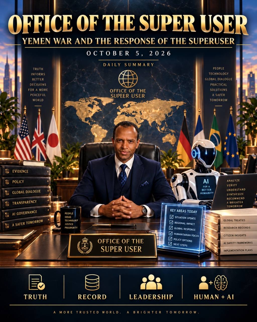 A formal Office of the Super User poster titled “Yemen War and the Response of the Superuser — October 5, 2026 — Daily Summary,” showing a suited citizen leader seated beside an AI robot in a global office with international flags, records, policy books, and symbols for truth, record, leadership, and human plus AI.