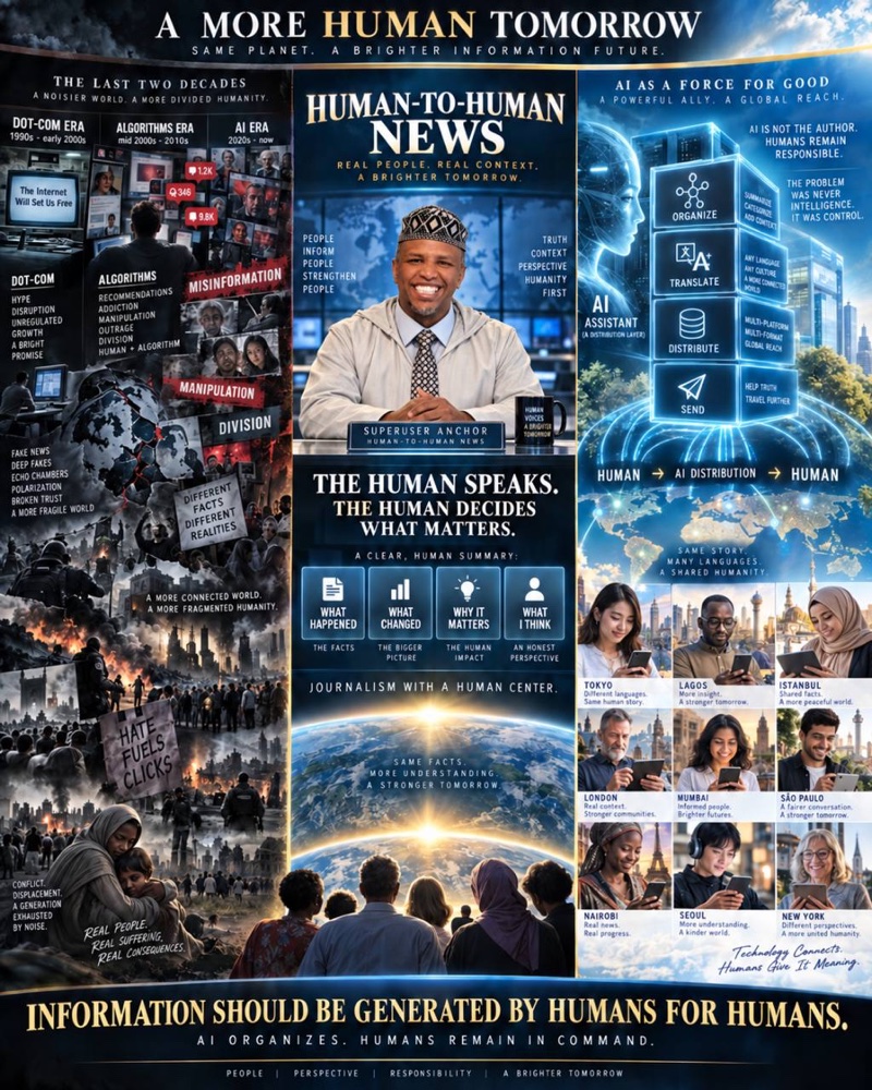 A three-panel Human-to-Human News illustration showing divided algorithmic media, a human anchor, and AI distributing human-directed news worldwide, with the words ‘Information should be generated by humans for humans.’