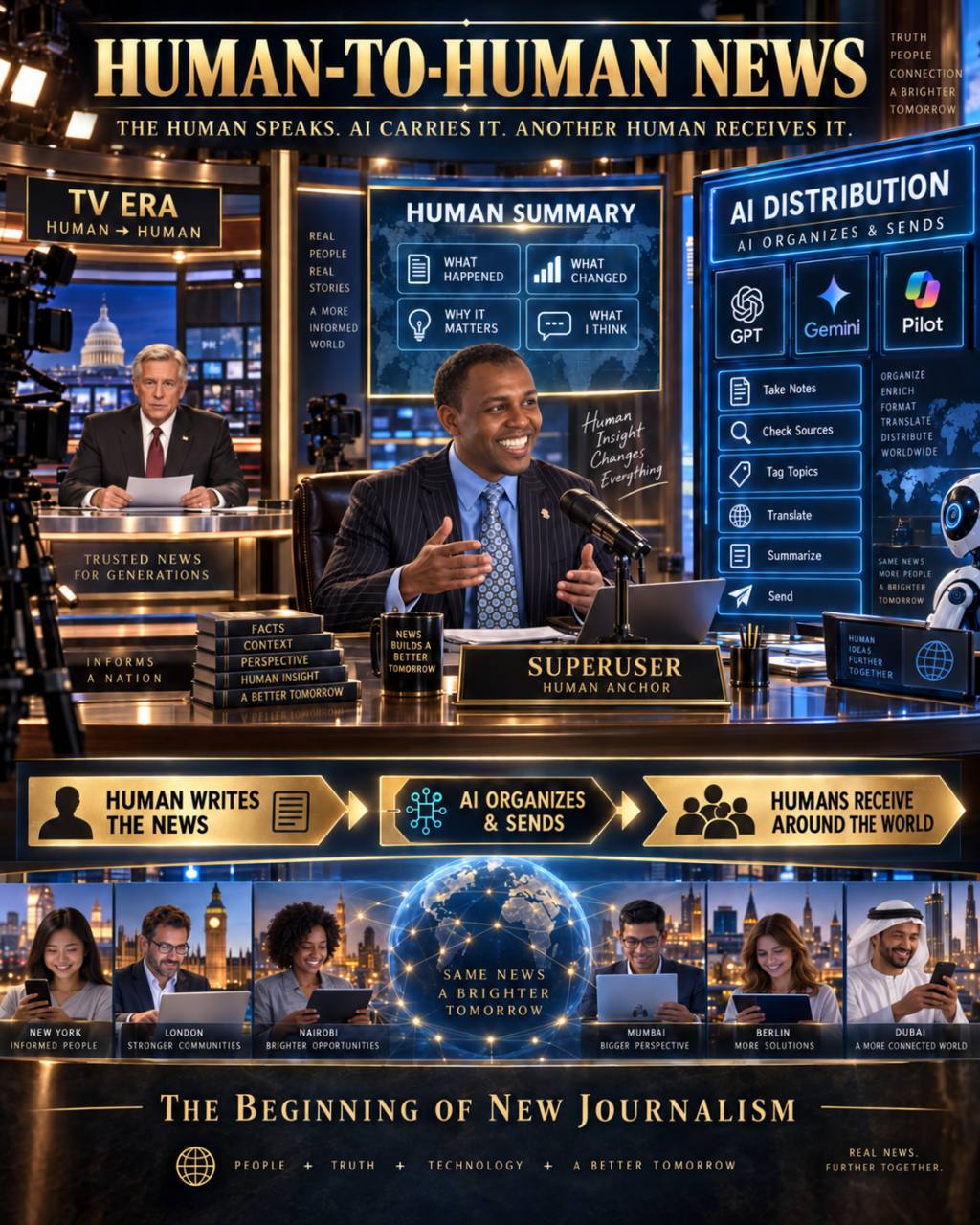 A poster titled “Starting Today — Human-to-Human News” showing a human news anchor at the center, a critique of algorithm-driven media on the left, practical human-sourced updates on the right, and a global network of people sharing information.