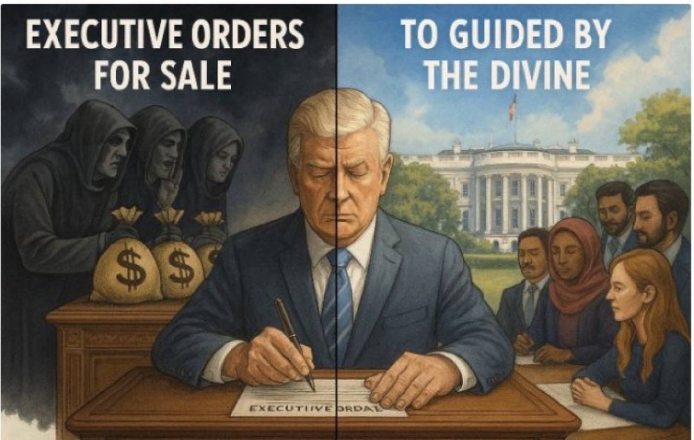 A split illustration titled “Executive Orders for Sale” and “To Guided by the Divine,” showing President Trump signing an executive order between shadowed figures holding money bags and a diverse group gathered near the White House.