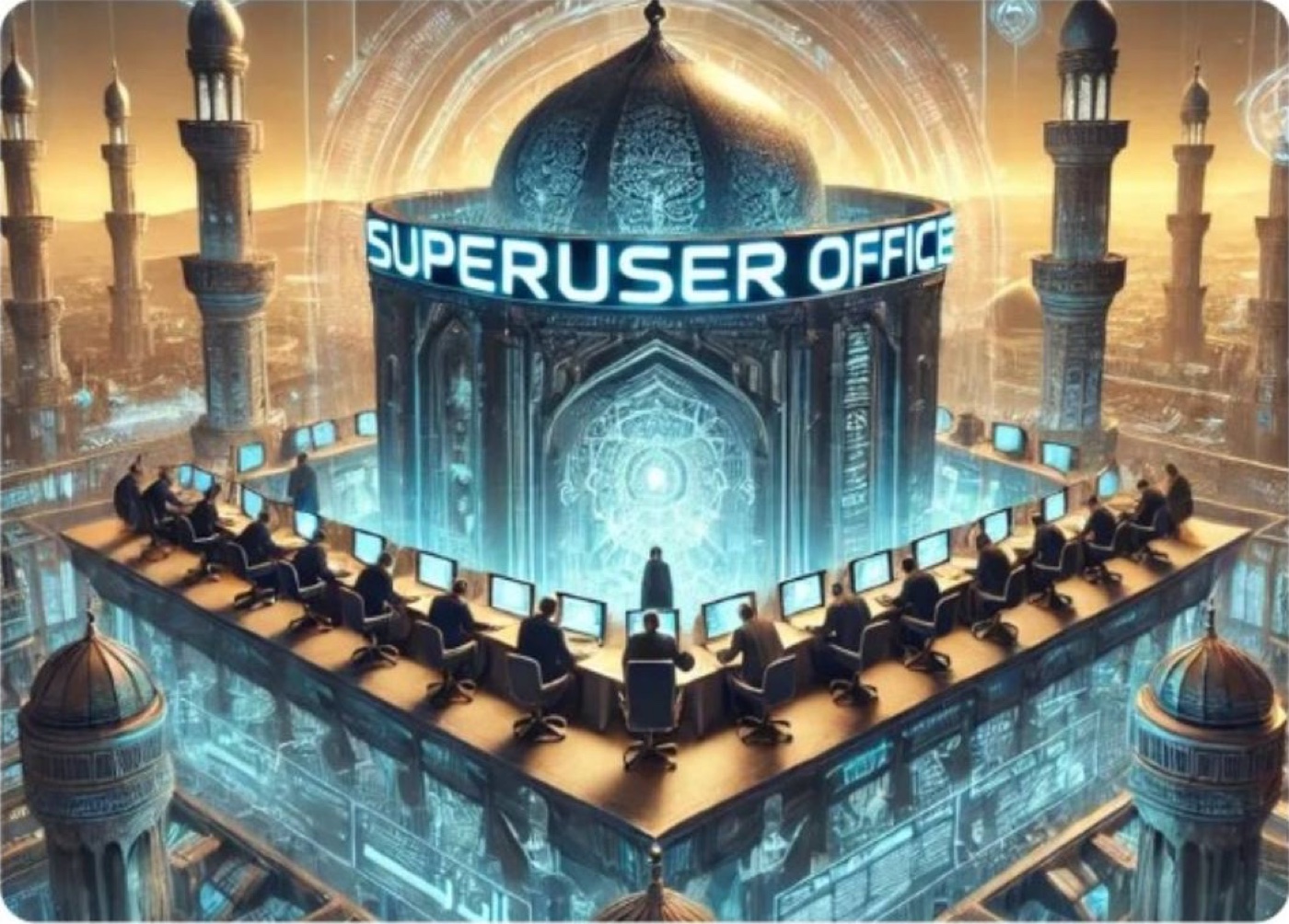 A futuristic Superuser Office built in the form of an illuminated mosque, with scholars and staff working at computer stations around a glowing central chamber beneath a large dome and minarets.