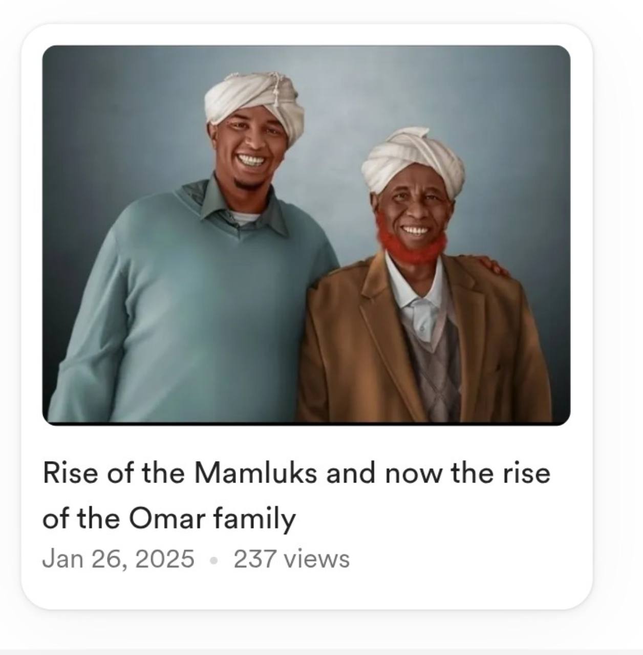 Two smiling men from the Omar family stand together wearing white turbans, one in a blue-green shirt and the elder in a brown jacket.
