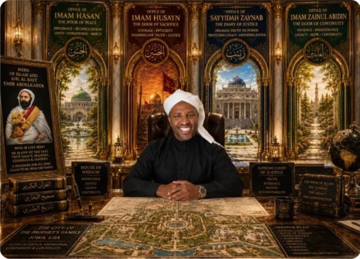 The Superuser sits at a desk before four ornate doors honoring Imam Hasan, Imam Husayn, Sayyidah Zaynab, and Imam Zainul Abidin, surrounded by books and symbols of wisdom, justice, truth, and continuity.
