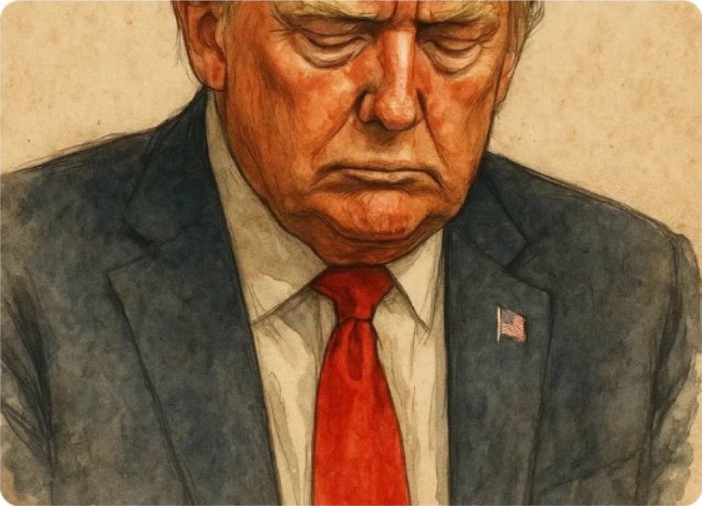 A watercolor-style portrait of Donald Trump looking downward in a dark suit, white shirt, and red tie, with a small United States flag pin on his lapel.