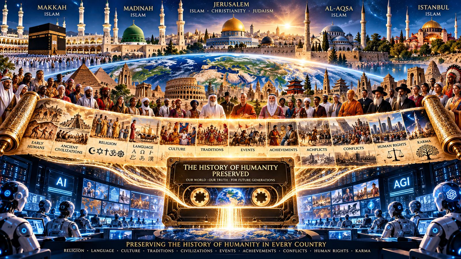 A wide painted panorama. Across the foot it reads PRESERVING THE HISTORY OF HUMANITY IN EVERY COUNTRY, above the words religion, language, culture, traditions, civilizations, events, achievements, conflicts, human rights, karma. Along the top stand holy cities, each labelled: Makkah and Madinah marked Islam, Jerusalem marked Islam, Christianity and Judaism, Al-Aqsa marked Islam, and Istanbul marked Islam, showing the Kaaba, the green dome, the Dome of the Rock and great mosques above a curved blue Earth. Beneath them stands a crowd of people from many nations and faiths in their own dress. Across the middle a vast golden scroll unrolls between two carved rollers, divided into painted panels labelled EARLY HUMANS, ANCIENT CIVILIZATIONS, RELIGION, LANGUAGE, CULTURE, TRADITIONS, EVENTS, ACHIEVEMENTS, CONFLICTS, HUMAN RIGHTS and KARMA, picturing early hunters, temples, faith symbols, scripts, festivals, battles, invention and the scales of justice. At the centre a gold plaque reads THE HISTORY OF HUMANITY PRESERVED, and under it OUR WORLD, OUR TRUTH, FOR FUTURE GENERATIONS, over a glowing cassette pouring light down into a globe. Below, in a dark control room lit blue, rows of humanoid robots work at screens of world maps and archive images, under the word AI on the left wall and AGI on the right.